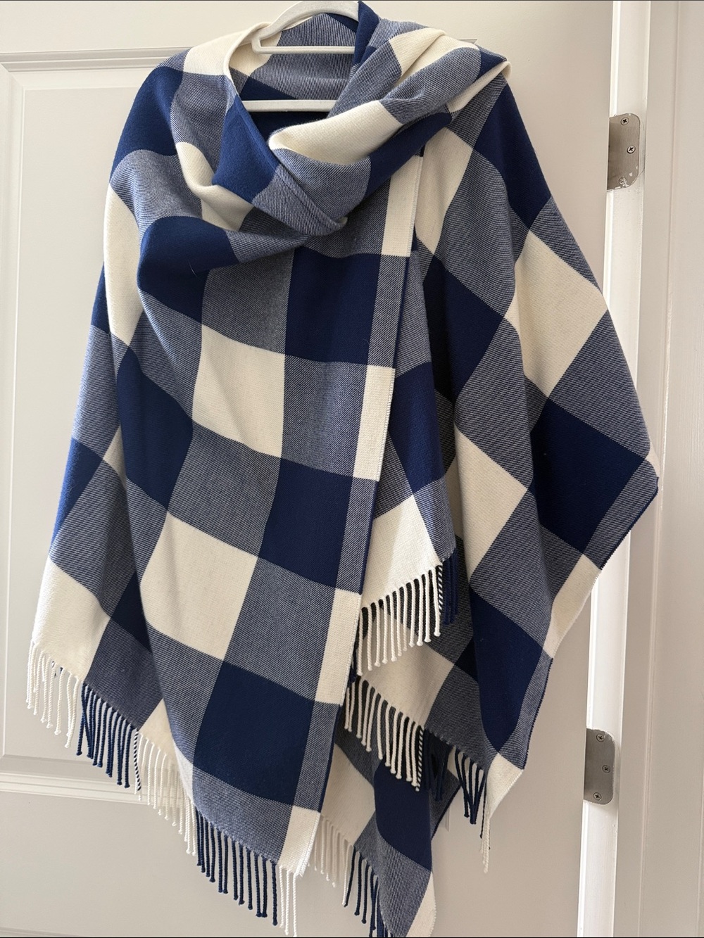 Vineyard Vines Navy and White Buffalo Check Poncho with Fringe
